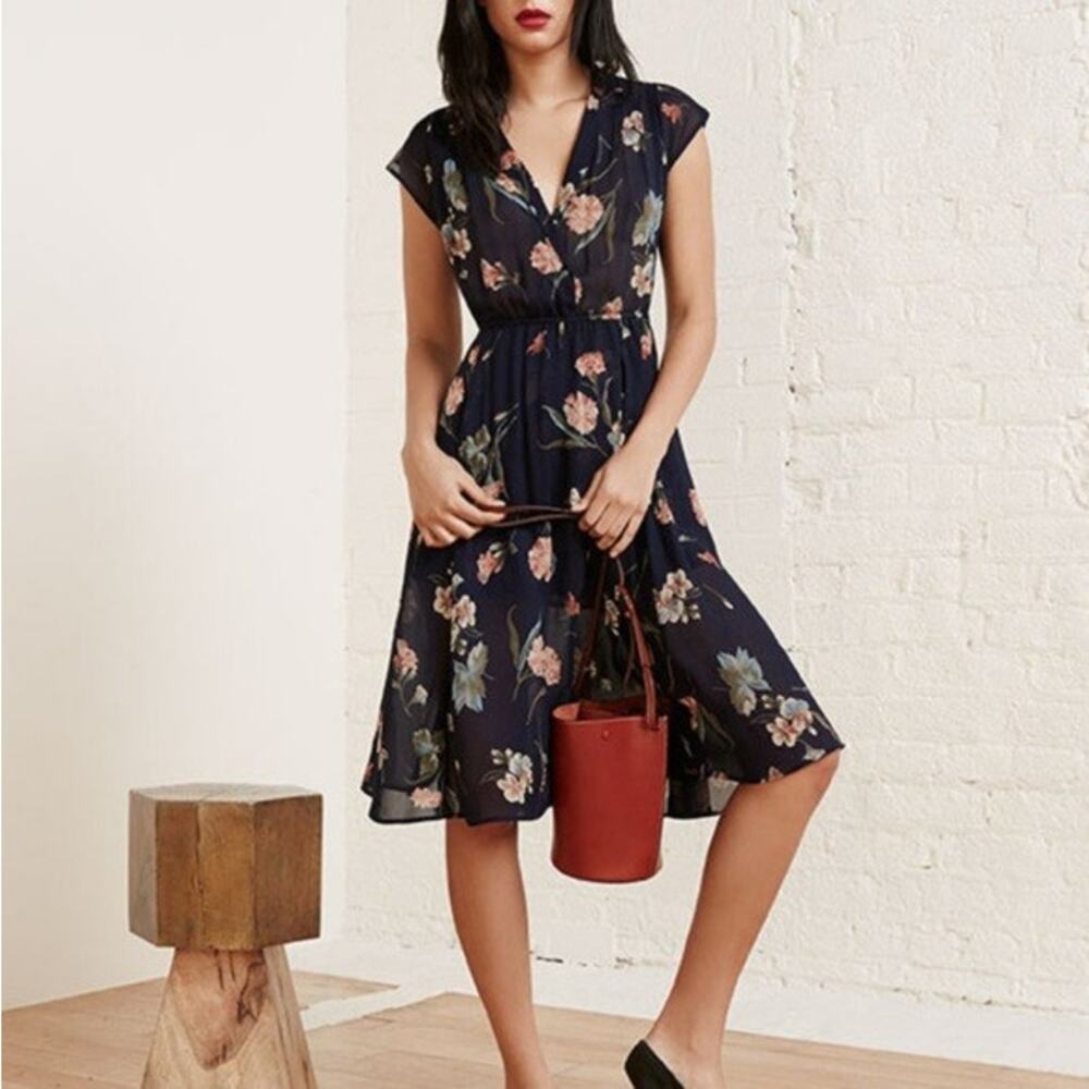 Reformation Navy Floral Midi Dress with Pink & Green Blooms - Picture 2 of 12